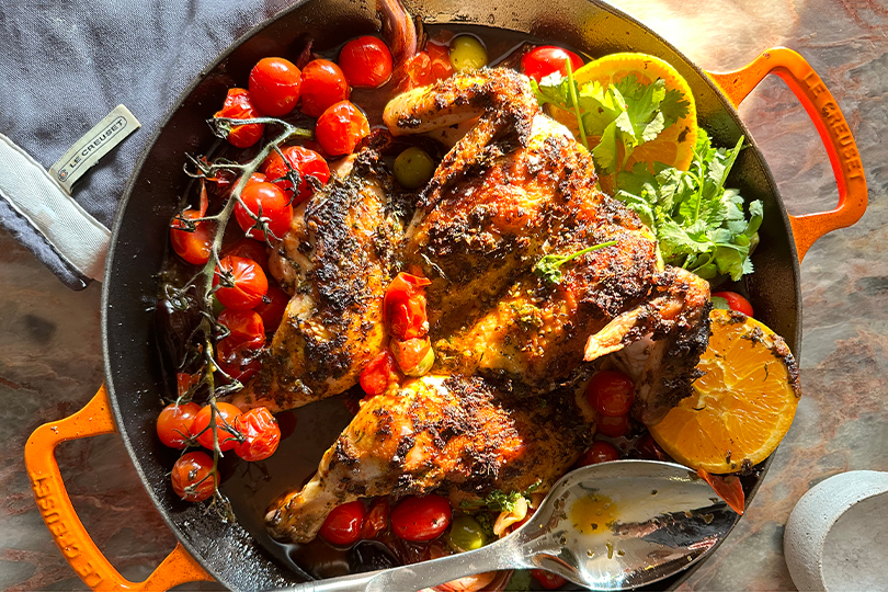 Chermoula Brick Chicken with Melted Cherry Tomatoes